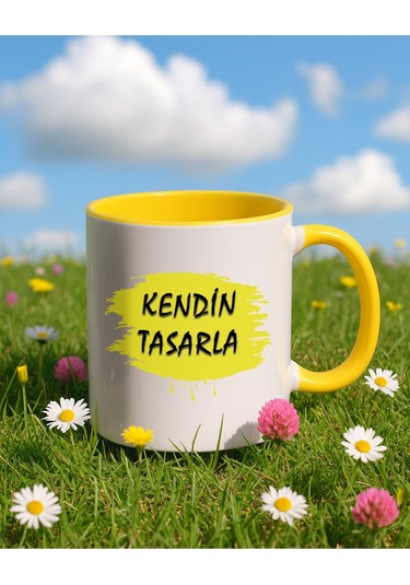 Kendin Tasarla Bardak - Kişiye Özel Bardak Satıya Sor 2 İçi Kulbu Sarı Bardak