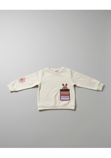 Kız Çocuk Tavşan Cepli Pamuklu 3 İplik Sweatshirt KREM