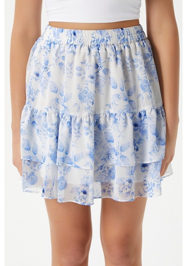 Kadın Juliet Mavi Çiçekli Astarlı Volanlı Mini Şifon Dokuma Etek
