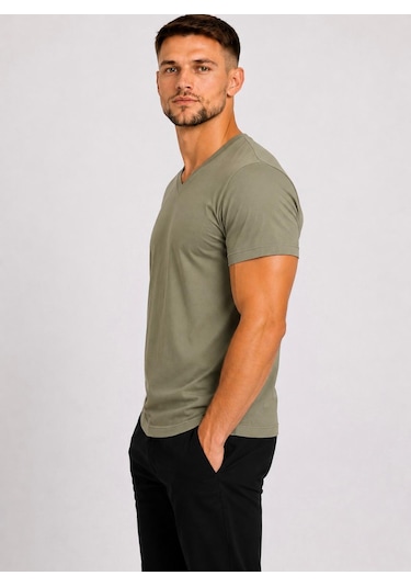 Axxel Erkek Açık Haki Pamuklu V Yaka Kısa Kollu T-shirt-d804