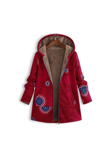 Yeni Kadın Yaprak Baskılı Kapşonlu Uzun Kollu Retro Ceket Sıcak Kırmızı