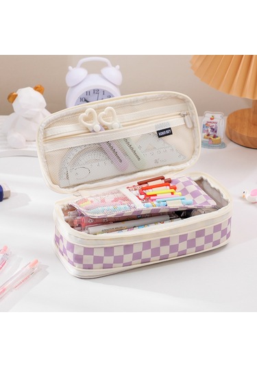 Kareli Kanvas Çift Fermuarlı Basit Büyük Kapasiteli Kalem Kutusu Mor