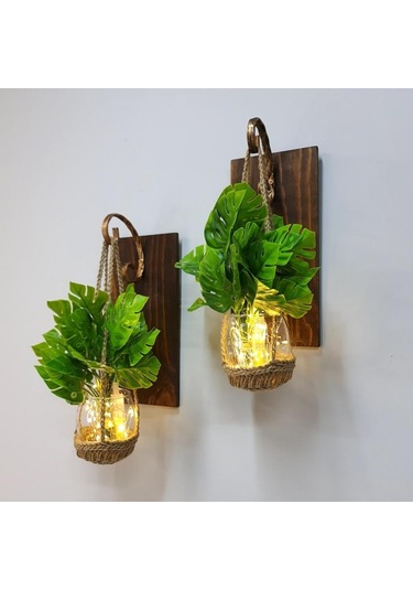 Duvar Dekoru, Led Işıklı, Deve Tabanı Çiçekli, Ceviz Aplik İkili Set