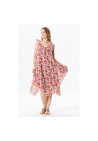 Askılı Vual Afrodit Midi Boy Yazlık Elbise Sarmaşık Pudra 6220 Sarmaşık Pudra