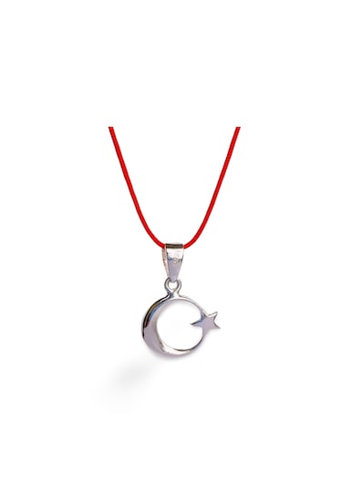 925 Ayar Gümüş Kırmızı İp Bayrak Ay Yıldız Tasarım Kadın Choker Kolye Gümüş