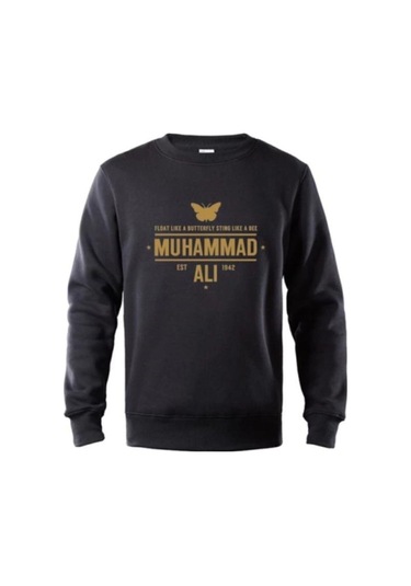 Erkek Siyah Kelebek Muhammed Ali Baskılı Sweatshiirt Siyah