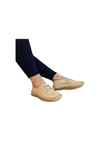 Voyager 9871 Bej Hakiki Deri Boncuklu Bayan Ayakkabı Bej