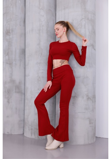 Kadın İspanyol Paça Pantolon Uzun Kollu Parmak Geçirmeli Crop Takım Bordo