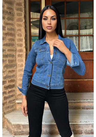 Mavi Dar Kesim, Cepli, Düğmeli, Denim Kot Ceket Mavi