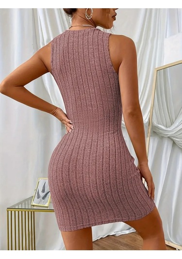 Kadın Askılı Bisiklet Yaka Kalın Fitilli Kaşkorse Mini Elbise Pembe