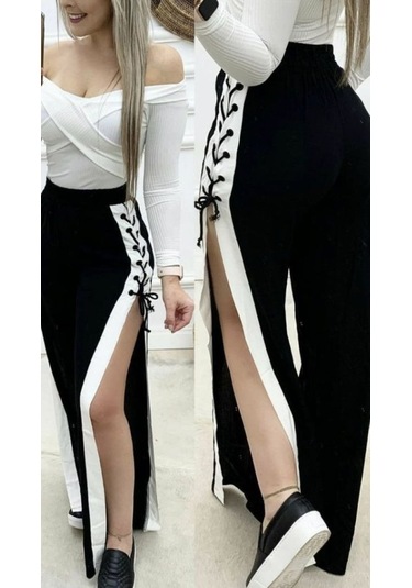 Tua Moda Kadın Yüksek Bel Yandan Çapraz Bağcıklı Yırtmaçlı Viskon Iki Iplik Pantolon Siyah