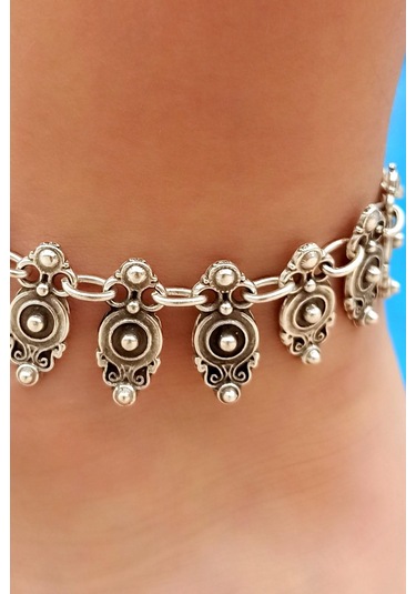 Antik Gümüş Kaplama Otantik Şekilli El Yapımı Kadın Halhal Gümüş