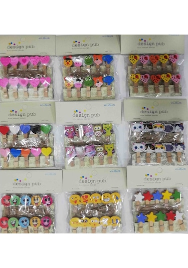 10'lu Şekilli Ahşap Mandallar 3.5cm 10'lu Set-10 Paket Çok Renkli