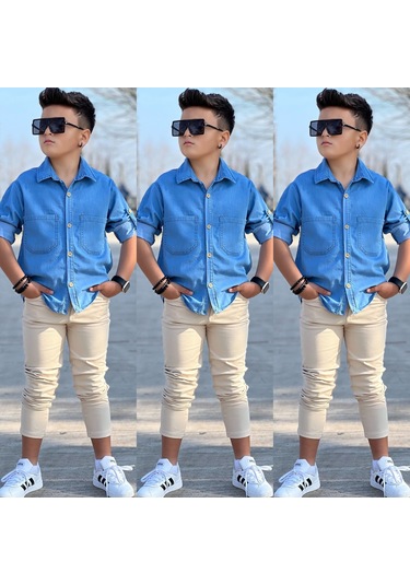 Modavals Tensel Denim Gömlek Gabardin Pantolon Erkek Çocuk Alt & Üst Takım Mavi