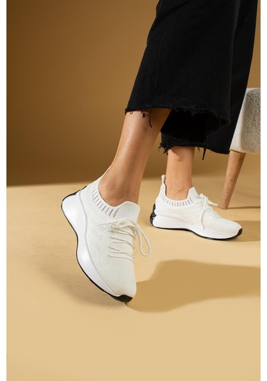 Shoetek Faina Kadın Sneakers Triko Dokumalı Bağcıklı Spor Ayakkabı Beyaz Beyaz