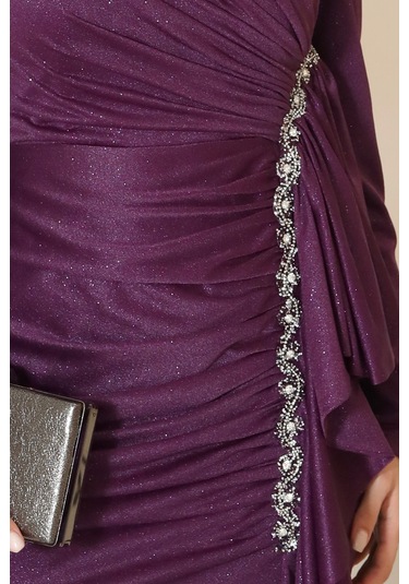 Parıltılı Fırfır Detaylı Zühre Tesettür Abiye Mor