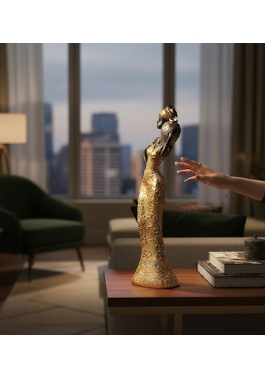 Lüks İşlemeli Geleneksel Yerel Kıyafetli Afrikalı Kadın Heykeli Dekoratif Biblo Ev Ofis Hediyesi Md2