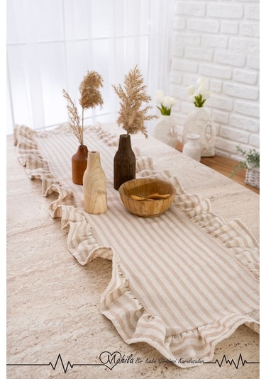 Bej Çizgili 40x125 Şık Tasarım Ekstra Büyük Fırfırlı Runner, %100 Keten Runner Bej