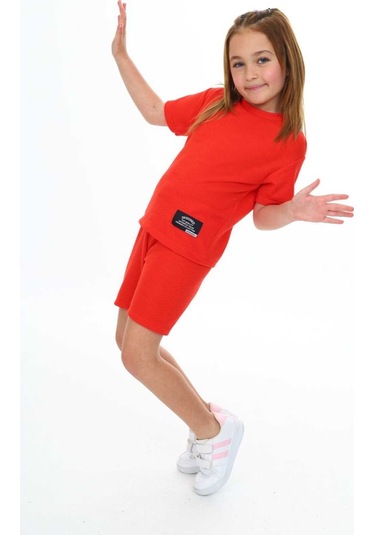 Bisiklet Yaka Şortlu Kız Çocuk Şortlu Takım Neon Turuncu