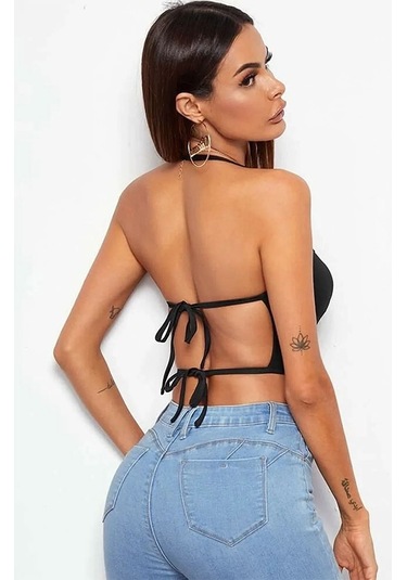 Asil İp Askılı Sırt Dekolteli Kadın Büstiyer Siyah Scuba Kumaş Crop L Siyah