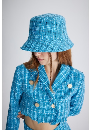 Holly Lolly Tüvit Kumaş Logolu Bucket Tweed Şapka Mavi