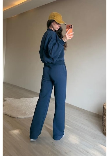 Neşeli Butik Kadın Oversize 3 İplik Cepli Eşofman Takımı Nm029 Lacivert