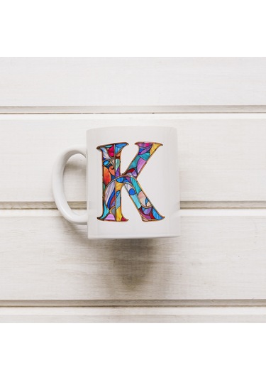 K Harfi Bardak 330 Ml İsme/harfe Özel Hediye, Renkli Harf Tasarım Beyaz