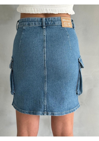 Zeo Basic Kargo Cep Detaylı Mini Denim Etek Mavi