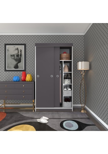 Kenzlife Gardırop Sürgülü Kapaklı Kapılı 100 Papatya Gri Gardolap Dolap