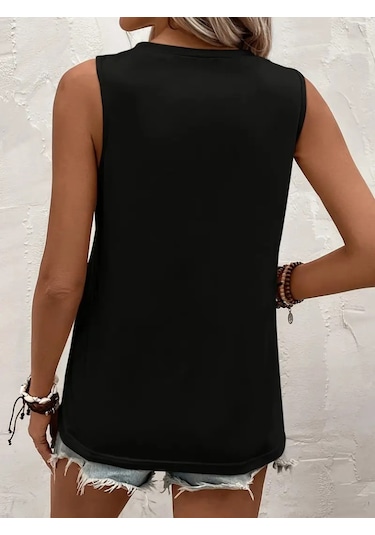 Modaserdem Kadın Kolsuz Bisiklet Yaka Önden Şerit Detaylı Viskon Bluz Siyah