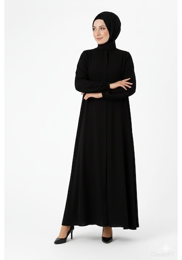 Medine İpeği Mevlana Kesim Cepli Kuşaklı Bol Ferace 4000-siyah Siyah