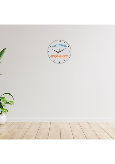 Fizyoterapistlere Özel İsim Yazılı Cam Duvar Saati Beyaz