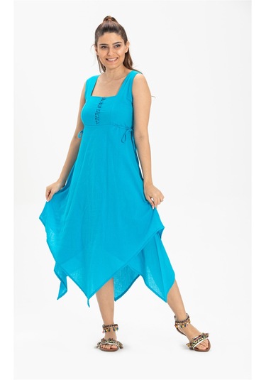 Kolsuz Şile Bezi Üçgen Katlı Midi Boy Elbise Turkuaz Trkz