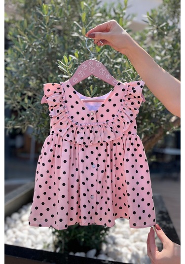 Puantiyeli Kolsuz Pamuklu Kız Çocuk Bebek Pudra Pembe Elbise 001