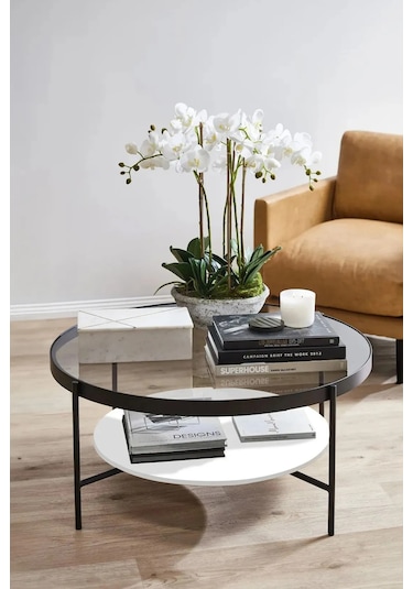 Nordic Orta Sehpa Temperli Cam 75 Cm Demonte Çizilmez Kırılmaz Metal Çerçeve Raflı Minimalist Sehpa - Beyaz Beyaz