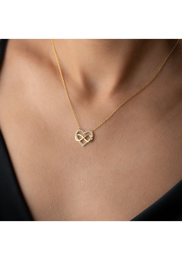 925 Ayar Gümüş Taşlı Sonsuzluk Ve Kalp Kolye Gold