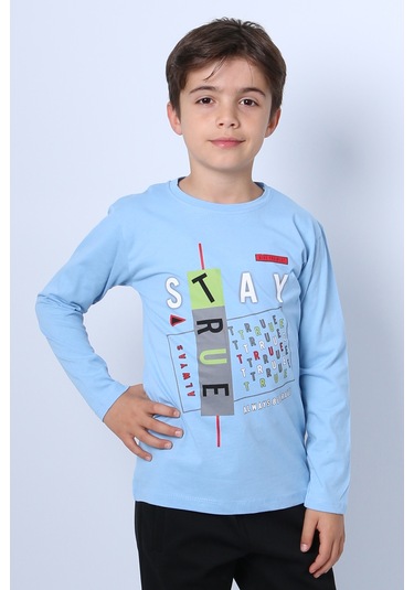 Hçm Erkek Çocuk Uzun Kollu Tshirt Stay True Baskılı Bisiklet Yaka E29 Açık Mavi