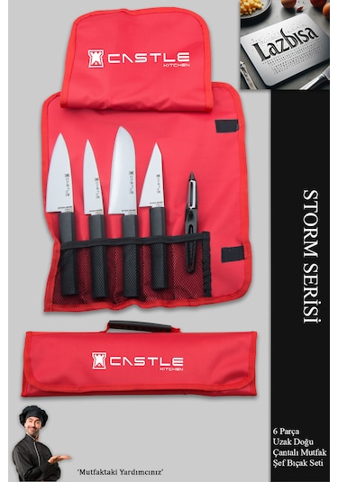 Incisive Serisi 6 Parça Mutfak Bıçak Set Kırmızı Çantalı İncisive Siyah - Kırmızı