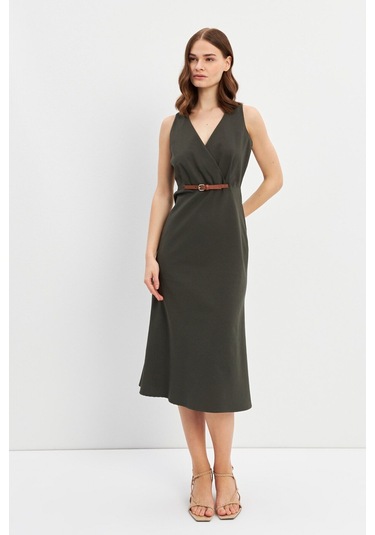 Stella Pulvis Haki Kemerli Kruvaze Midi Elbise