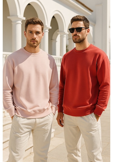 Rich Erkek 2'li Paket Nar Çiçeği - Pudra Bisiklet Yaka Scuba Basic Sweatshirt Pudra