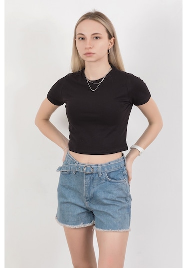 Giysa Kadın Bisiklet Yaka Pamuklu Basic T-shirt Siyah Ms0000102 Siyah