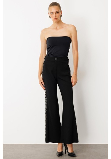 Moda İlgi Kadın Taş Şeritli Bol Paça Pantolon 0065 Siyah Siyah