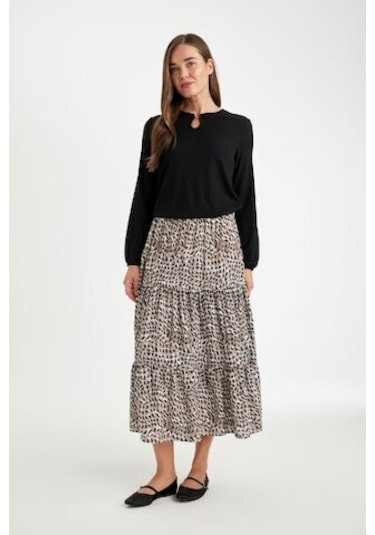 Defacto Kloş Esnek Belli Leopar Desenli Kiloş Maxi Etek D5328AX24AUBK81 Siyah