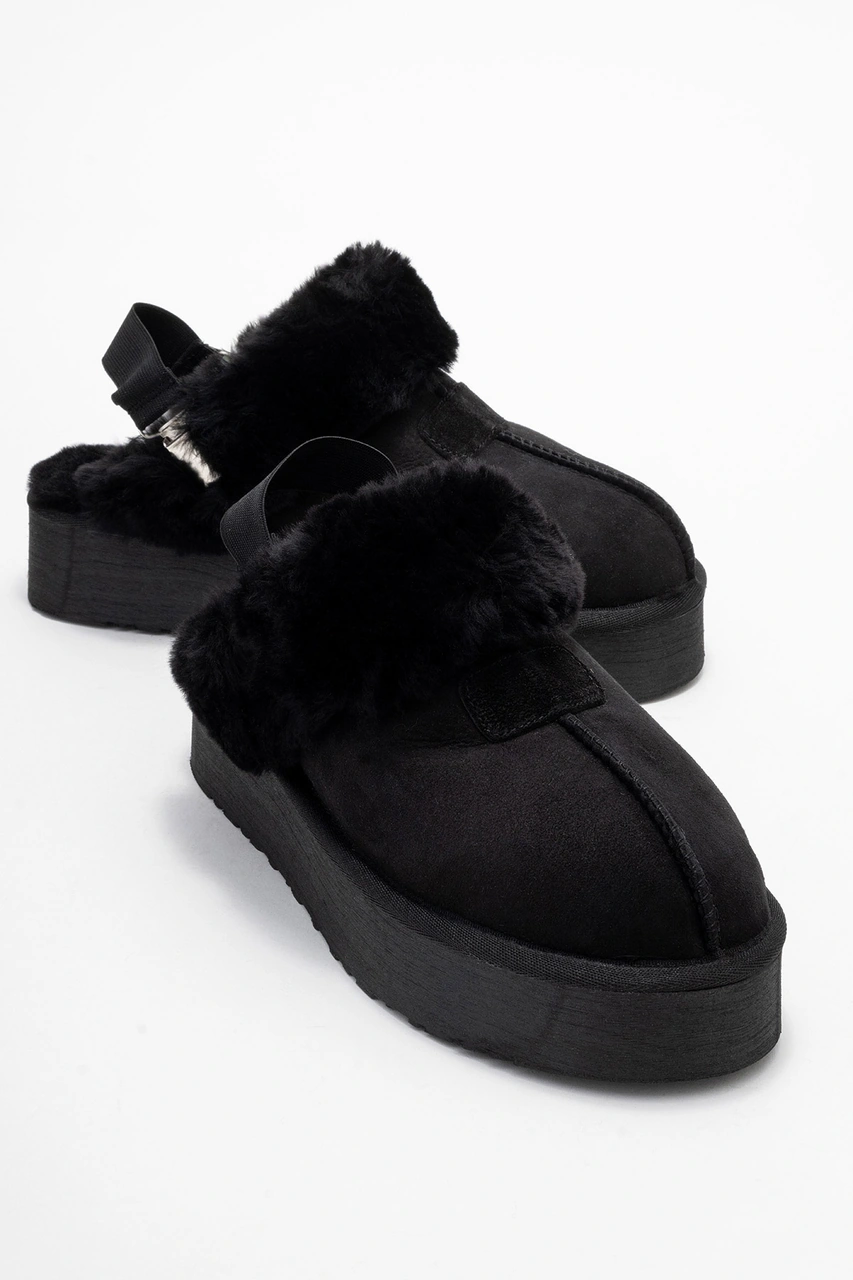 Olessa Siyah Hakiki Deri Süet Kadın Kürklü Terlik Siyah Süet Siyah