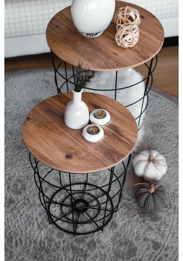 Tel Saklama Sepetli Zigon Metal Orta Sehpa 2’li