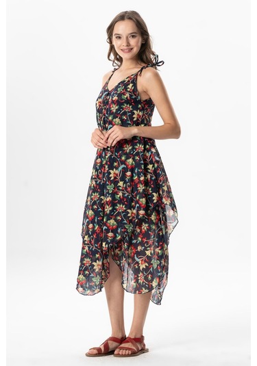 Askılı Vual Afrodit Midi Boy Yazlık Elbise Sarmaşık Lacivert 6224 Sarmaşık Lacivert