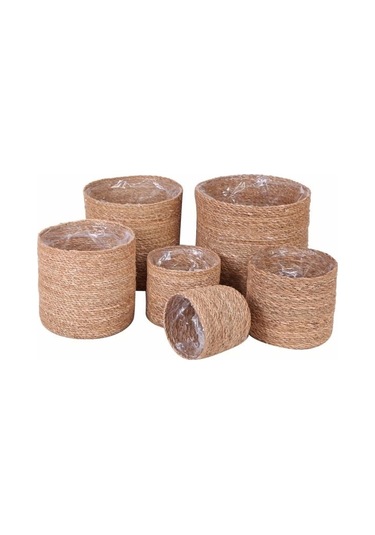 Dekoratif Natural Yuvarlak Düzenleyici Hasır Sepet Poşetli Saksılık 6lı Set