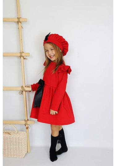 Kız Çocuk Kırmızı Sofia Pamuklu Fiyonk Detaylı Elbise Kep Abiye Takım Kırmızı