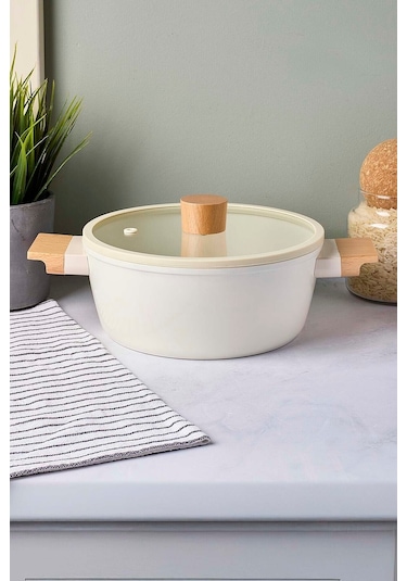 Cookwood Beige İndüksiyon Tabanlı Ahşap Kulplu Kapaklı Seramik Derin Tencere 20 Cm Bej Bej