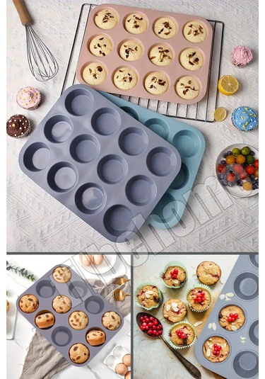 Tilbe Home 12'li Silikon Muffin Kalıbı Kurabiye Tatlı Cupcake Kek Kalıbı Yapışmaz Gıdaya Uygun Pişir Gri